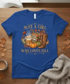 Just A Girl Who Loves Fall text design with autumn elements like pumpkins, books, coffee mug, and boots on a