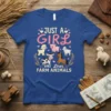 Just A Girl Who Loves Farm Animals t-shirt design with cute illustrations of a cow, horse, pig, sheep, and goat