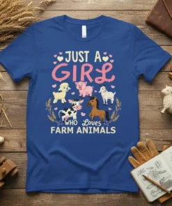 Just A Girl Who Loves Farm Animals t-shirt design with cute illustrations of a cow, horse, pig, sheep, and goat