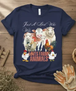 Just A Girl Who Loves Farm Animals T-Shirt featuring watercolor sheep, cow, goat, chickens, and rooster