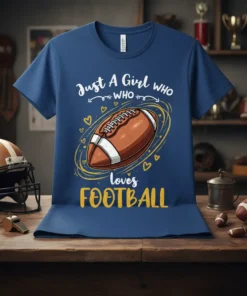 Just A Girl WHO WHO loves FOOTBALL text design with a football graphic on a blue t-shirt