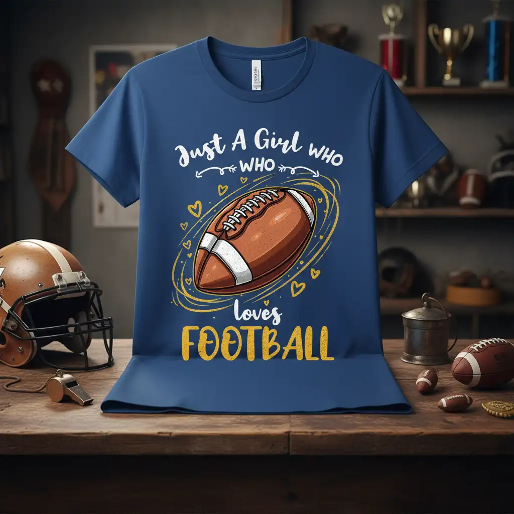 Just A Girl WHO WHO loves FOOTBALL quote and graphic on a women's blue t-shirt