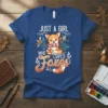 JUST A GIRL WHO LOVES Foxes text with a cute corgi and fox graphic on a blue t-shirt