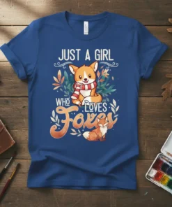 JUST A GIRL WHO LOVES Foxes text with a cute corgi and fox graphic on a blue t-shirt