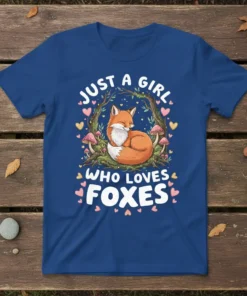 Just A Girl Who Loves Foxes text design with a cute fox sleeping in a woodland setting, surrounded by mushrooms