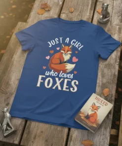 Just A Girl Who Loves Foxes T-Shirt featuring a cute fox illustration and pink hearts