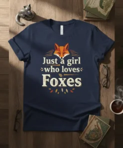 Just a girl who loves Foxes text with a fox face graphic on a navy blue t-shirt