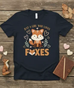Just A Girl Who Loves Foxes text with a cute cartoon fox and hearts graphic on a navy t-shirt