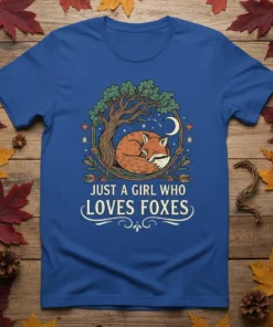 Just A Girl Who Loves Foxes text on a blue t-shirt with a sleeping fox under a tree graphic