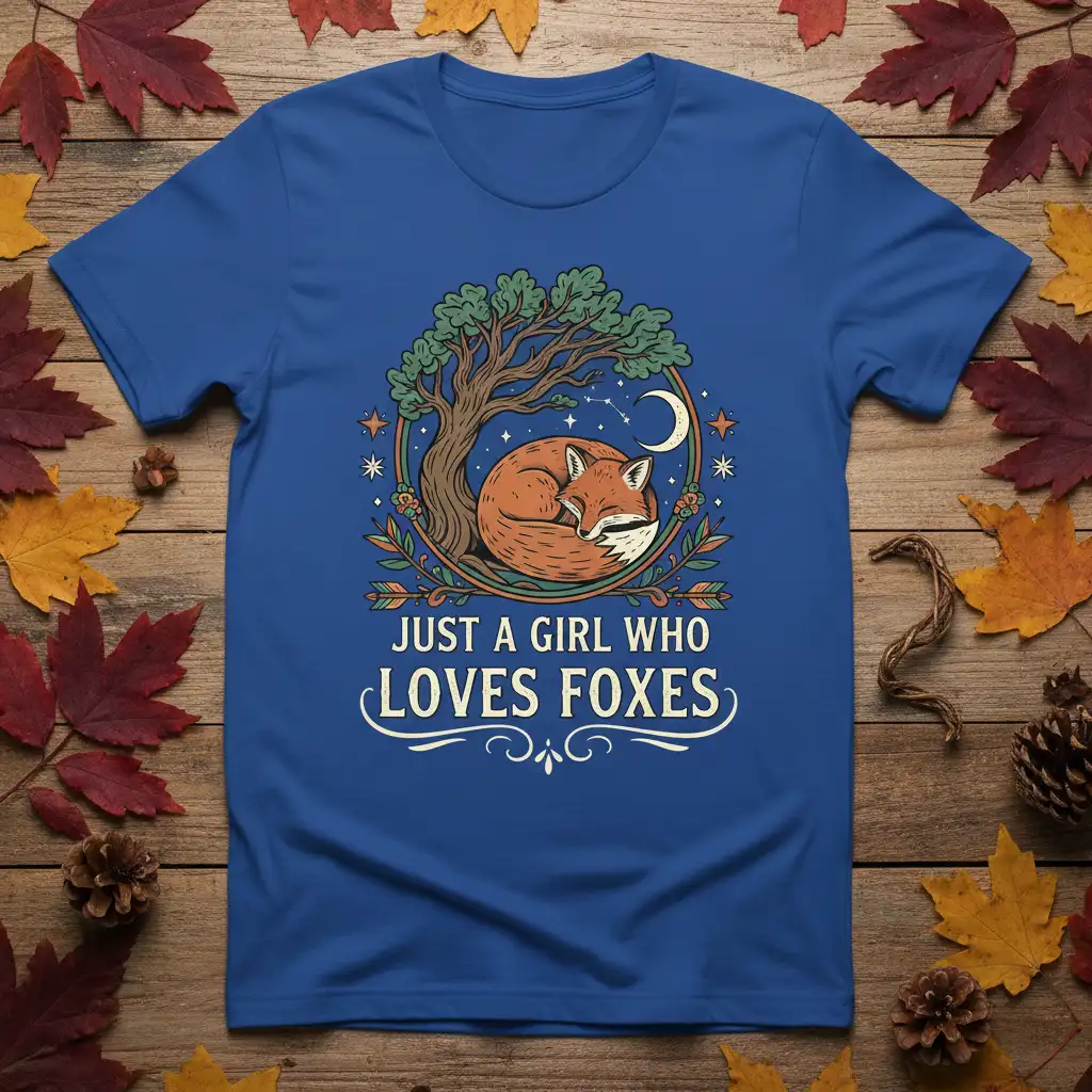 Just A Girl Who Loves Foxes quote with a sleeping fox and woodland tree illustration on a blue t-shirt