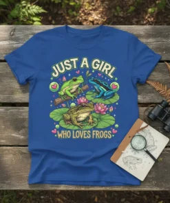 Just a girl who loves frogs t-shirt design with three colorful frogs on lily pads and pink flowers