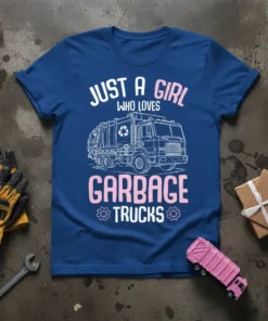 Just A Girl Who Loves Garbage Trucks quote with a detailed line art illustration of a garbage truck