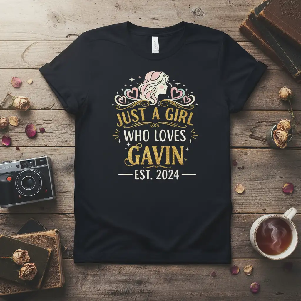 Just A Girl Who Loves Gavin Est. 2024 quote with decorative graphics on a black t-shirt
