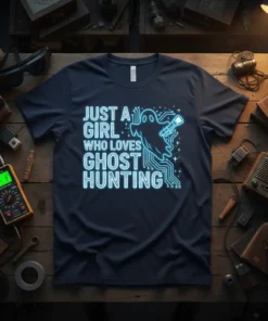 Just A Girl Who Loves Ghost Hunting t-shirt with neon ghost graphic and circuit board design