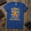 Just A Girl WHO Loves GIRAFFES text design with a cute giraffe graphic and hearts