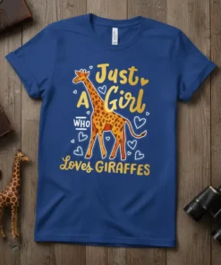 Just A Girl WHO Loves GIRAFFES text design with a cute giraffe graphic and hearts
