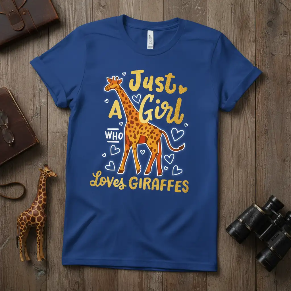 Just A Girl WHO Loves GIRAFFES quote with a cute giraffe illustration and hearts