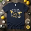 Navy t-shirt with "JUST A GIRL WHO LOVES Girl Lemon Drops" text and two martini glasses with lemon garnishes
