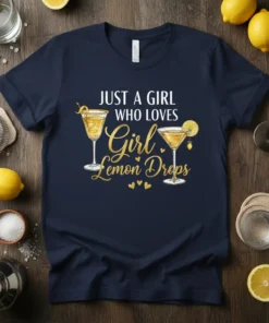 Navy t-shirt with "JUST A GIRL WHO LOVES Girl Lemon Drops" text and two martini glasses with lemon garnishes