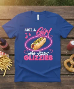 Just A Girl who Loves Glizzies text with a hot dog graphic on a royal blue t-shirt, perfect for food