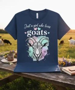 T-shirt with "Just a girl who loves goats" text and a detailed goat head illustration with pastel watercolor background