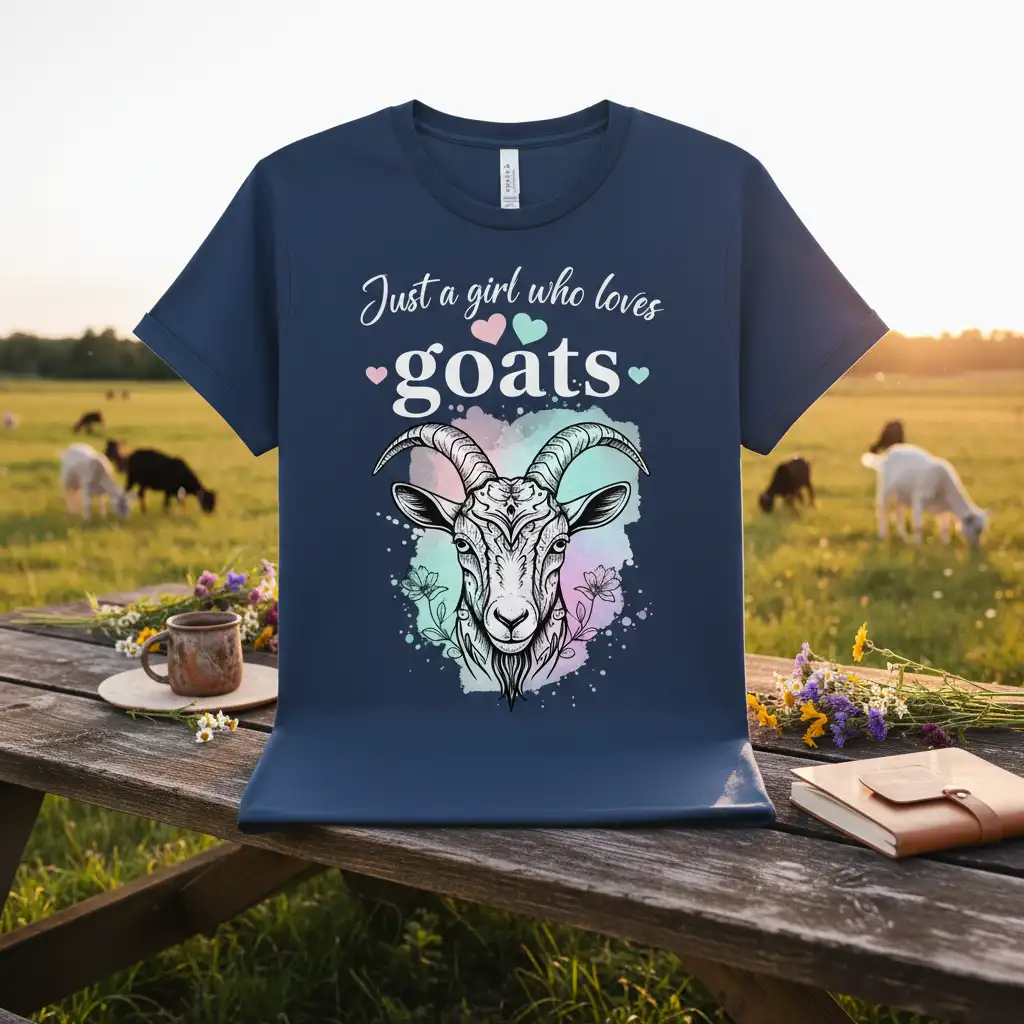 Just a girl who loves goats quote with a detailed goat head illustration and pastel watercolor accents on a t-shirt