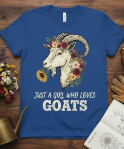 Just A Girl Who Loves Goats text with a floral goat head graphic on a blue t-shirt