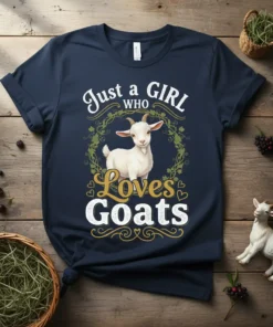Just a Girl Who Loves Goats text design with a cute white goat inside a leafy wreath, on a navy