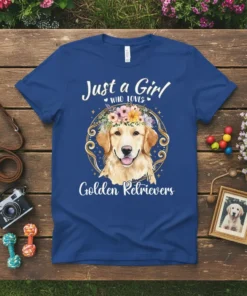 Golden Retriever wearing a flower crown with text "Just a Girl Who Loves Golden Retrievers" on a blue t-shirt