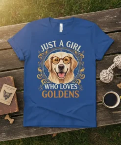 Just A Girl Who Loves Goldens t-shirt design featuring a smiling golden retriever wearing glasses