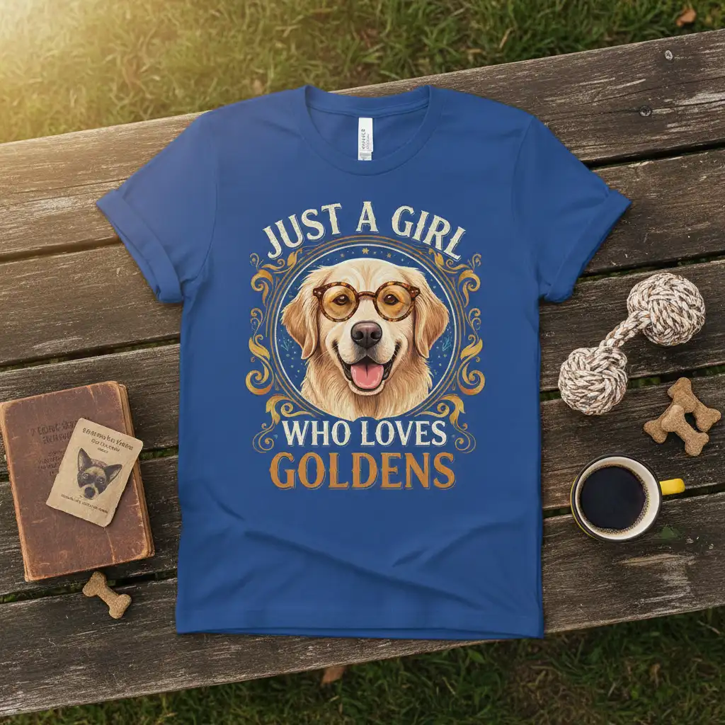Just A Girl Who Loves Goldens t-shirt design with smiling golden retriever wearing glasses