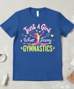 Just A Girl Who Loves GYMNASTICS text with a silhouette of a gymnast in a split pose, surrounded by hearts