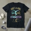 Just A Girl Who Loves Gymnastics text with a silhouette of a gymnast doing a handstand and split on a