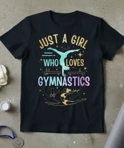 Just A Girl Who Loves Gymnastics text with a silhouette of a gymnast doing a handstand and split on a