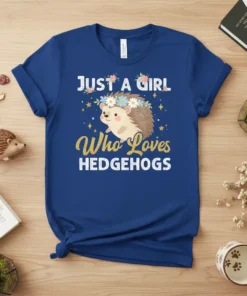 Just A Girl Who Loves Hedgehogs text with a cute hedgehog wearing a flower crown on a royal blue t-shirt