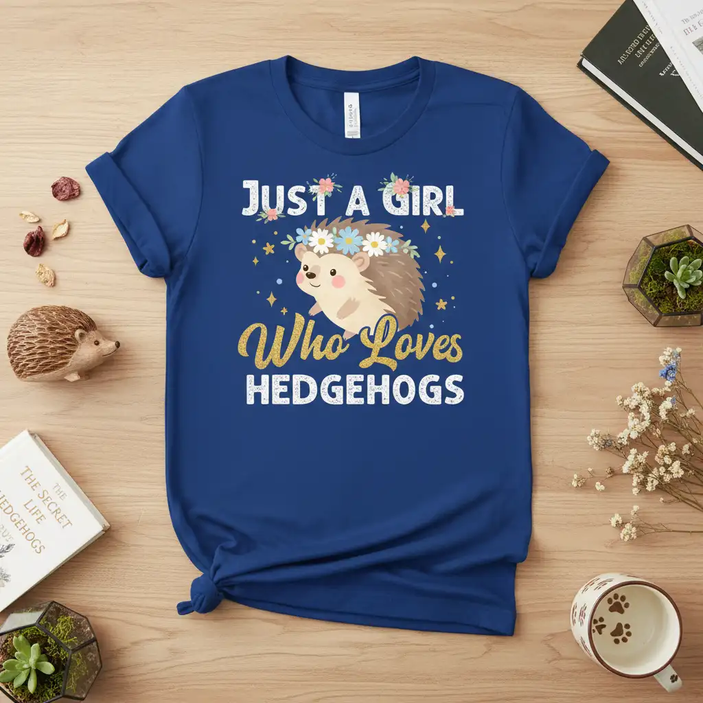 Just A Girl Who Loves Hedgehogs text and illustration on a royal blue t-shirt