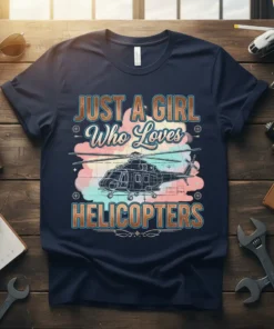 Just A Girl Who Loves Helicopters T-Shirt with detailed helicopter blueprint graphic and colorful cloud background
