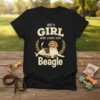 Just A Girl Who Loves Her Beagle text with a beagle dog graphic and laurel wreath on a black t-shirt