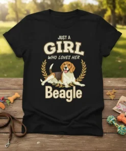 Just A Girl Who Loves Her Beagle text with a beagle dog graphic and laurel wreath on a black t-shirt