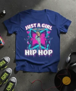 Just A Girl Who Loves Hip Hop t-shirt design with female dancer graphic and pink/blue accents