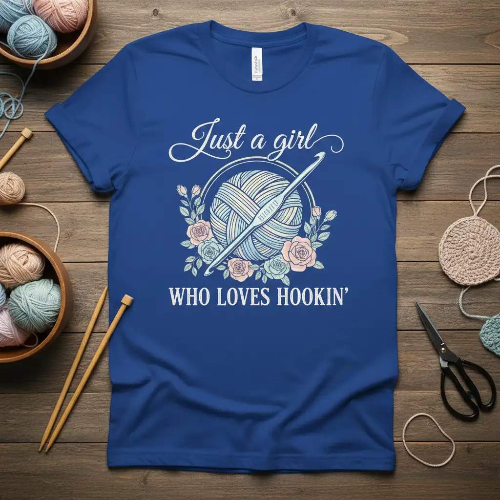Just a girl WHO LOVES HOOKIN' quote design with yarn ball and crochet hook illustration on a blue tee