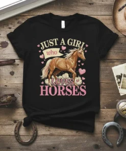 Just A Girl Who Loves Horses text with a running horse graphic and pink hearts on a black t-shirt