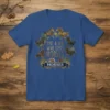 Just A Girl Who Loves Horses text with a circle of galloping horses graphic on a royal blue t-shirt