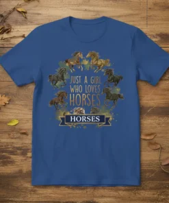 Just A Girl Who Loves Horses text with a circle of galloping horses graphic on a royal blue t-shirt