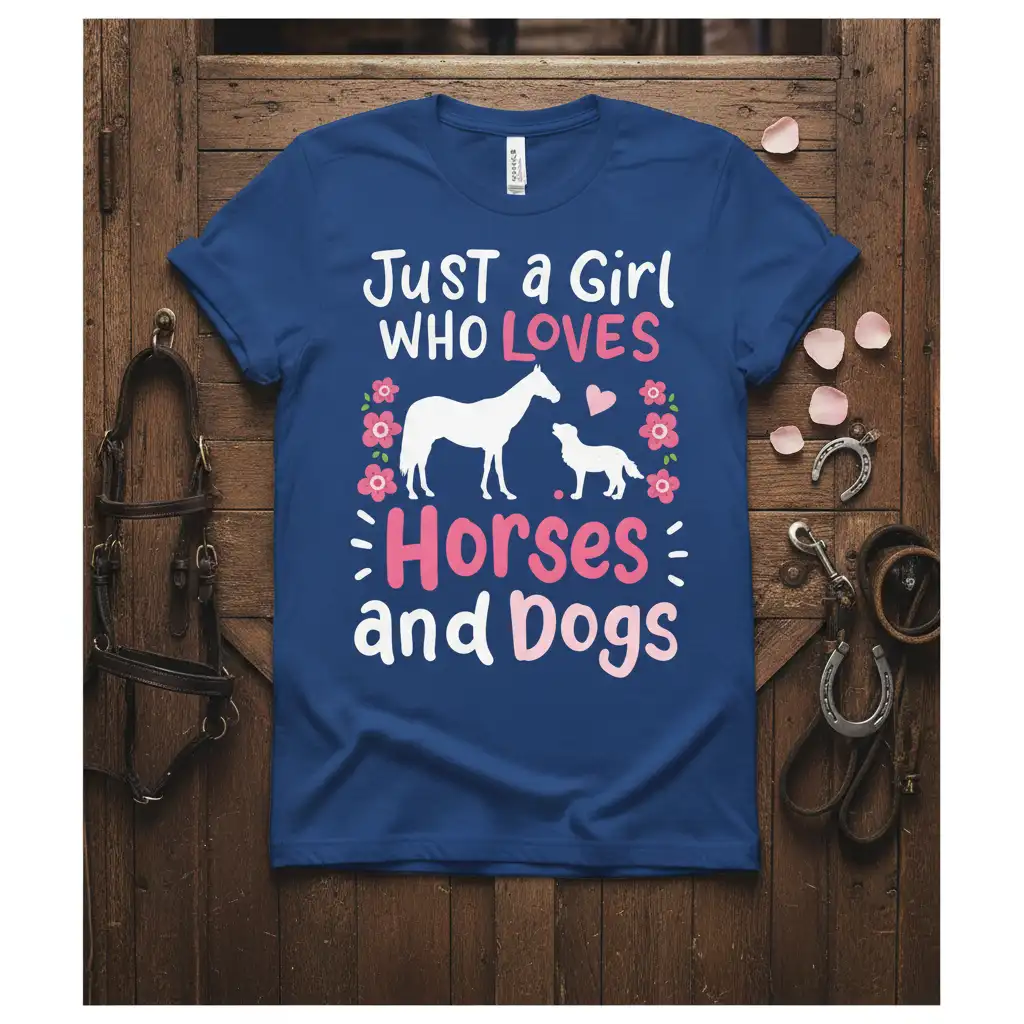Just a Girl WHO LOVES Horses and Dogs quote with horse and dog silhouettes and floral accents on a blue shirt