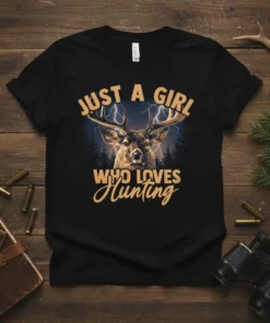 Just A Girl Who Loves Hunting t-shirt design with a deer graphic and lightning storm background