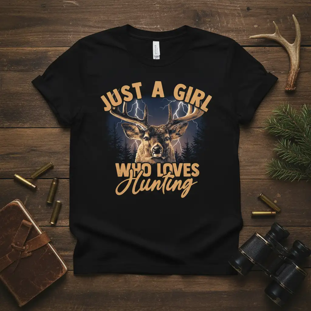 Just A Girl Who Loves Hunting text and deer graphic on a black t-shirt, stormy background