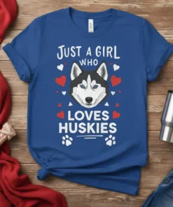 Blue t-shirt with "JUST A GIRL WHO LOVES HUSKIES" text and a graphic of a husky face surrounded by hearts