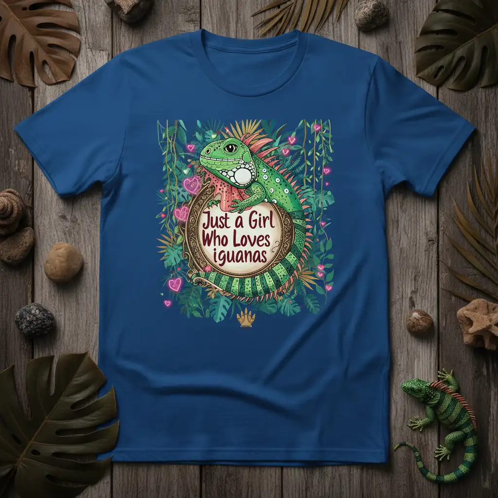 Just a Girl Who Loves Iguanas quote on a t-shirt with a cute green iguana and jungle leaves