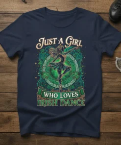 Just A Girl Who Loves Irish Dance text with a female Irish dancer graphic, surrounded by shamrocks and Celtic knotwork